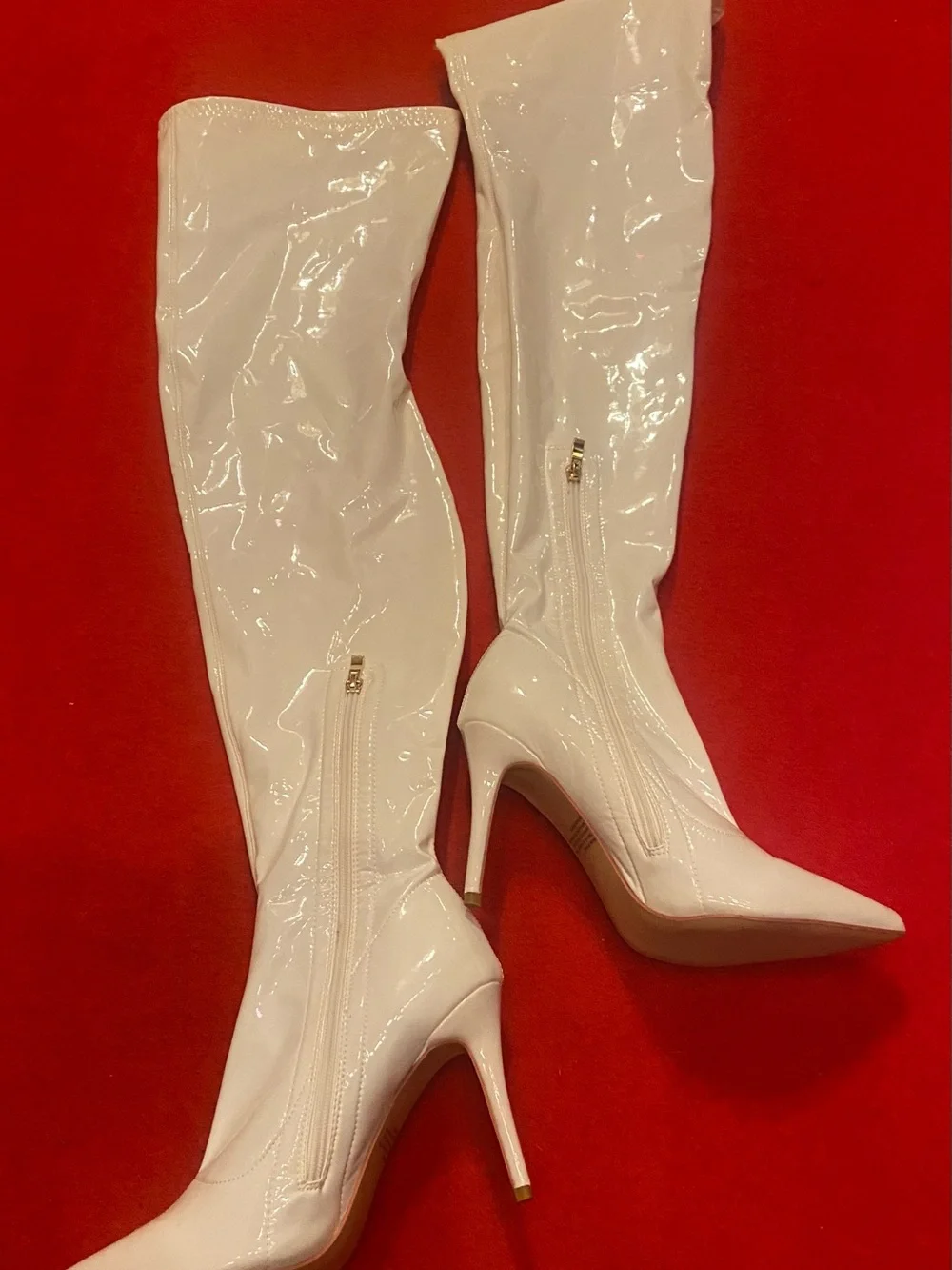 White Patent PU Leather Over-the-Knee Thigh High Stiletto Boots size 9- side zip